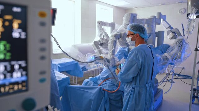 Approaching male and female doctors standing at the Da Vinci robot. Woman takes the robotic manipulator arm aside.