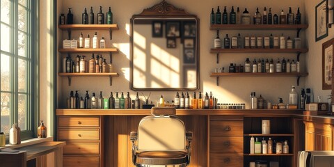 A charming, rustic barber shop brimming with vintage haircare tools, creating a warm and inviting atmosphere perfect for grooming, styling, and offering a relaxing experience to all clients