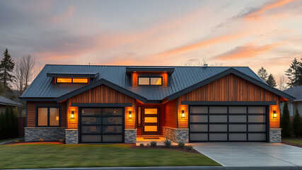 Obraz premium A modern, one-story house with several flat roofs and large glass and metal garage doors. The facade of the house should be made of a combination of wood and metal, with warm lights. Generative AI