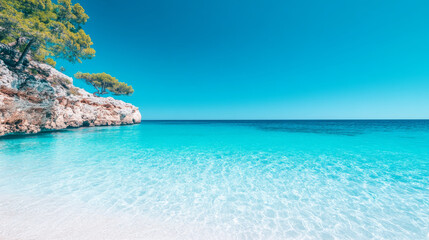 Obraz premium Clear turquoise water laps at the white sandy shore of a tropical beach.