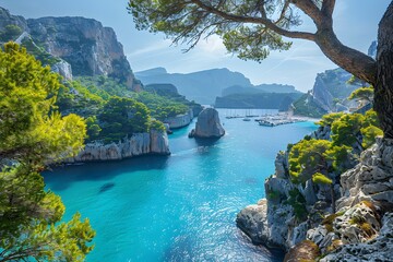 Obraz premium Serene Coastal View of Calanques with Turquoise Waters and Lush Greenery