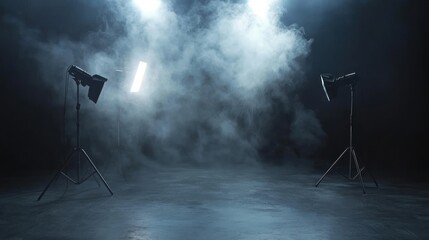 A dimly lit studio scene with smoke and lighting equipment for photography or video production.