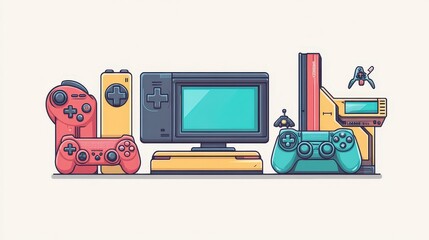 Retro Gaming Console Graphic Poster in Minimalistic Style with Playful Colors and Black Outlines for Fun Design Elements