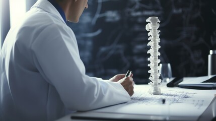 Closeup of male doctor demonstrating human spine model in office for spinal health and pain relief