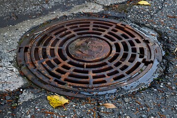 Rusty Manhole Cover Surrounded by Wet Pavement and Fallen Leaves