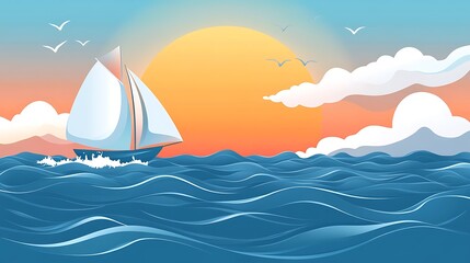 Naklejka premium A sailboat glides across the ocean at sunset with a vibrant sky filled with clouds.