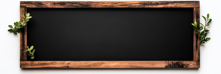 Blank chalkboard with a rustic wooden frame and sprigs of greenery.