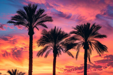 Three palm trees are silhouetted against a beautiful sunset sky