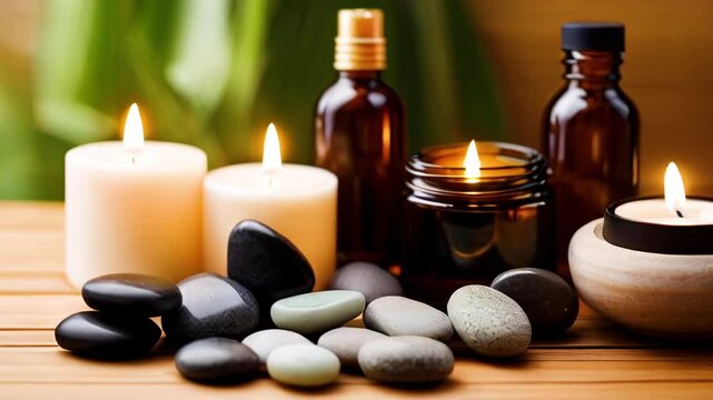 Right pan shot of stones and various aromatic candles in spa salon close-up. Decor in relaxation aromatherapy room without people.
