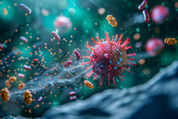A virus is shown in a greenish blue background with many other particles