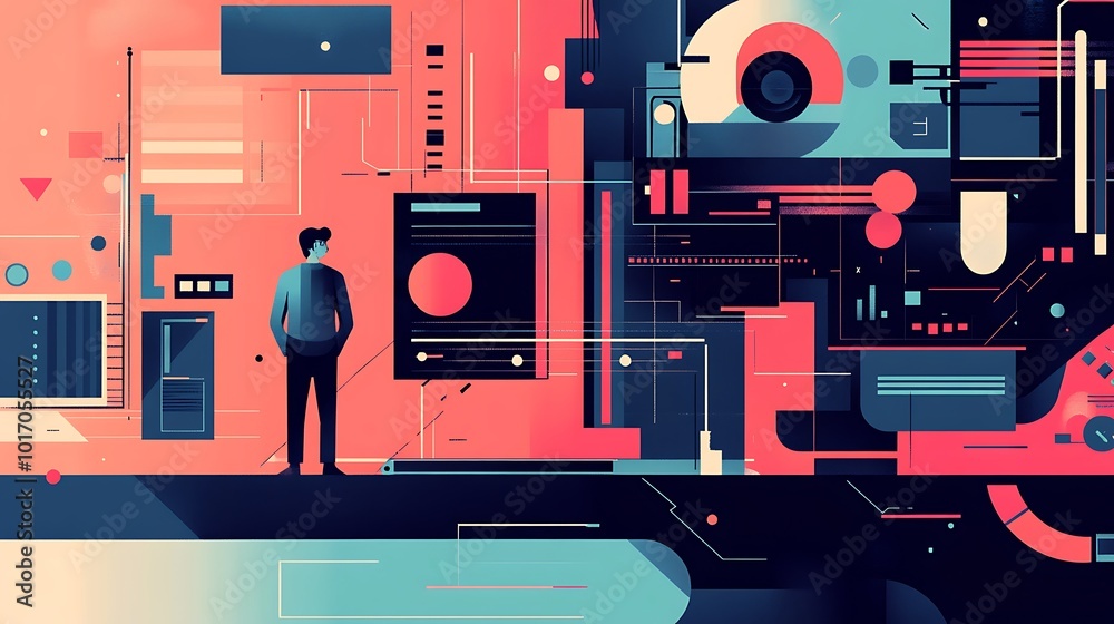 Poster A man stands in front of a complex abstract design made up of various shapes, lines, and geometric patterns. The design is a visual representation of data, technology, and progress.
