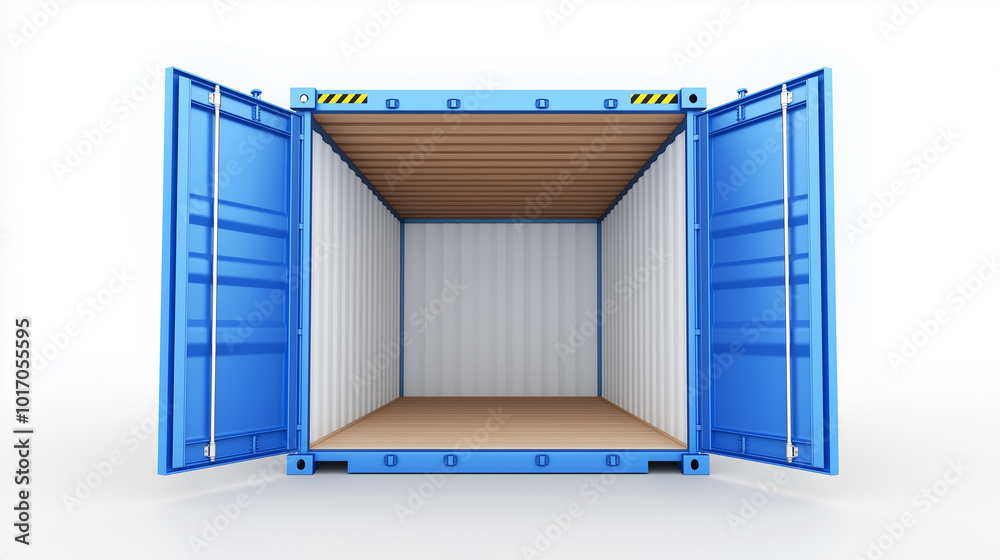 Wall mural empty blue shipping container with open doors, isolated on white background, industrial transportati