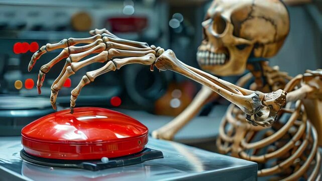 Skeleton sits in room with hand raised above large red button in secret room. Very long wait for important decision. Red panic button.