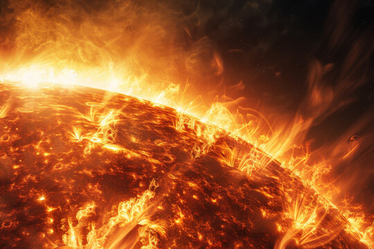 A close up of a fiery sun with flames surrounding it