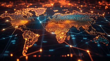 Illuminated World Map with Interconnected Lines and Nodes