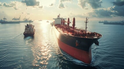 Obraz premium Large cargo ship navigates calm waters at sunset, tugboat assisting with maneuvering, vibrant reflections on surface, port cranes visible in background, industrial maritime activity.