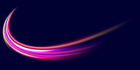 Abstract neon light rays background. A Colorful Motion Background of City Light Trails. Purple glowing wave swirl, impulse cable lines. Long time exposure. Vector