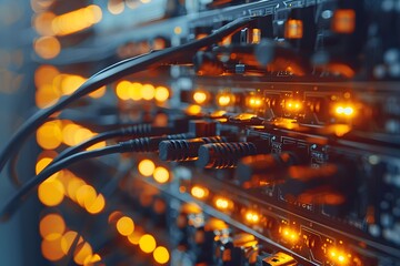 Close-Up of a High-Tech Server Rack with Illuminated Connections and Cables