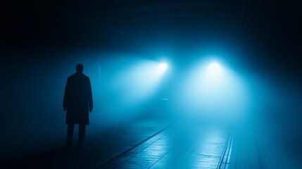 Shadows of Anticipation - Cinematic Noir Shot of Figure at Train Station Platform with Approaching Headlights