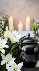 Black cremation urn with white lilies and candles in the background