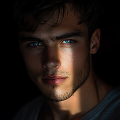 Obraz premium Portrait of a young man with dark hair and blue eyes, looking at the camera, lit by soft window light against a black background