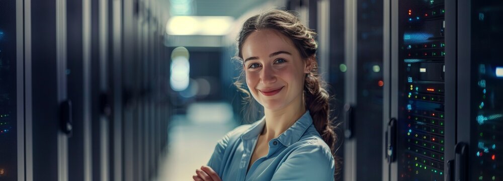 businesswoman or engineer with servers or data center