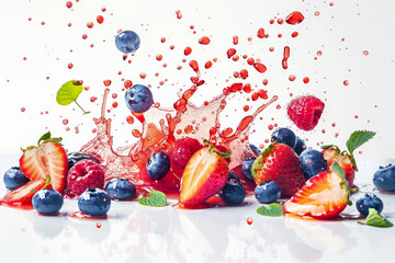 A splash of fruit juice is splattered across a white background
