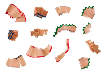 Wooden pencil shavings on isolated background, top view