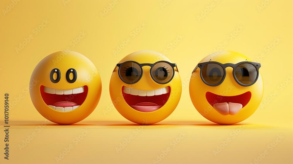 Poster three vibrant yellow emojis with different expressions and sunglasses create a fun atmosphere, celeb