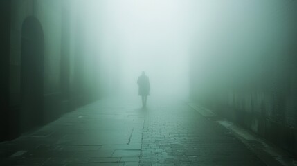 Eerie Noir Scene of Mysterious Figure Vanishing in Foggy Urban Street - Cinematic Suspense and Intrigue in Aesthetic Photograph