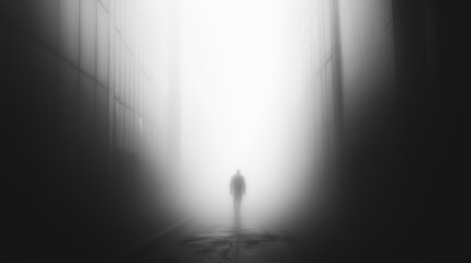 Eerie Noir Scene of Figure Vanishing in Foggy Urban Street, Suspenseful Cinematic Atmosphere