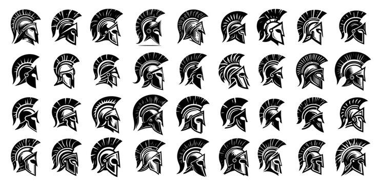 spartan warrior helmets hand-drawn set of black vector illustrations