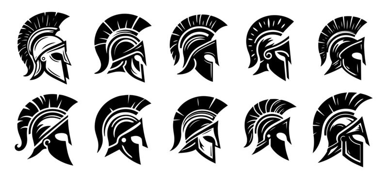 iconic spartan helmet variations black and white hand-drawn vector