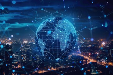 A blue globe with a network of lines surrounding it, generative ai image