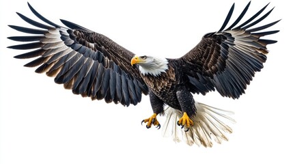 Naklejka premium An eagle soaring in mid-flight, its sharp talons and beak visible, wings spread wide against a white background.