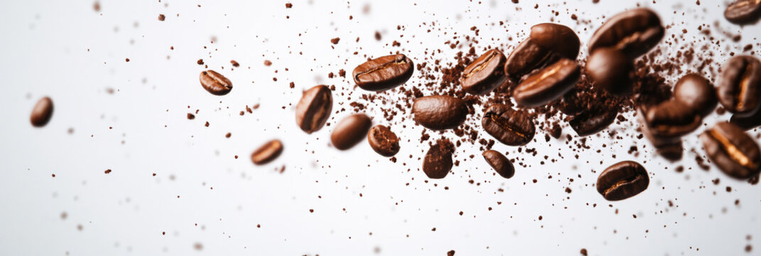 Coffee beans and grounds suspended in mid-air against a white background.