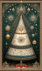 Surrealistic decorated christmas tree in frame.