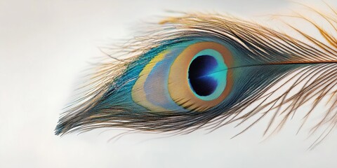 Naklejka premium Minimal close-up of a single intricate peacock feather with vibrant blue, green, and gold hues