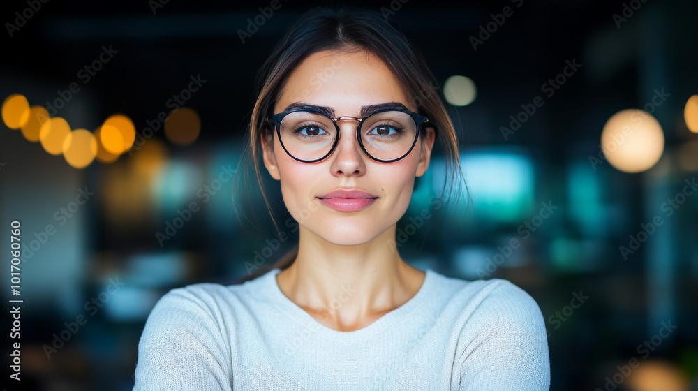 Poster Young woman with glasses smiling confidently.