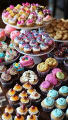 Festive Birthday Party Table with Colorful Assortment of Desserts and Decorations