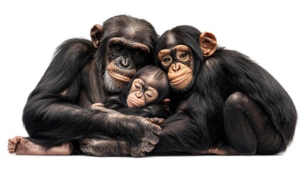 Naklejka premium Couple of Chimpanzee Monkeys with Baby on Their Laps, White Background, Wallpaper, Cover and Screen for Smartphone, PC, Laptop, 9:16 and 16:9 Format
