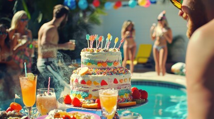 Vibrant Poolside Birthday Celebration with Colorful Decorations and Delicious Cake