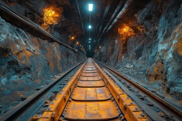 Naklejka premium A long, dark, and narrow tunnel with a set of railroad tracks running down the center. The tunnel walls are rough and uneven, and there are pipes and wires running along the ceiling.