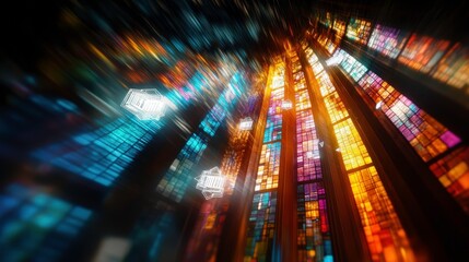 Stained glass windows with hexagonal geometric patterns glowing with light, exposed internal components and digital screens showing data 