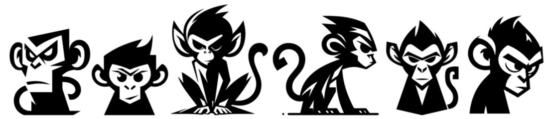 set of stylized cartoon monkey characters with angry expressions black vector © Luka