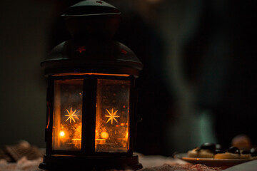 Halloween lantern shines in the dark