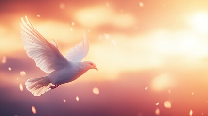Obraz premium A serene dove in flight against a warm, colorful sunset backdrop.