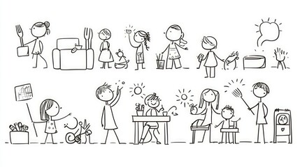 A set of stick figure drawings detailing a familya??s daily activities, showcasing the rhythm and routine of their everyday lives.