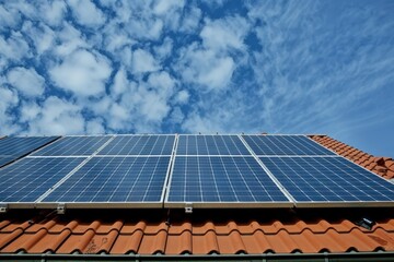A solar panel system is installed on a red roof, generative ai image
