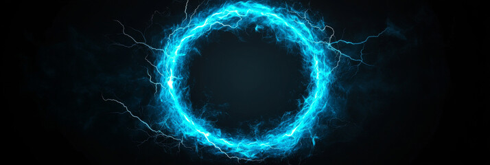 Abstract circular electric energy in blue and white, against a dark background.